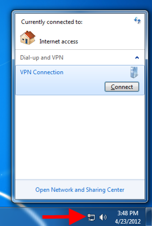 Step 10 of 15: Click on 'Network' icon in the tray, select your VPN connection and press 'Connect'