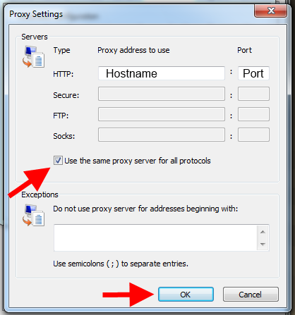Open Advanced Proxy Settings and check "Use the same proxy server for all protocols"