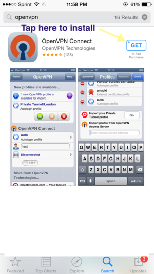  Tap on the icon Get to install OpenVPN app. Openvpn-ios-step4.png 